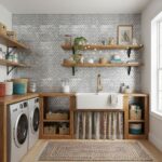 Bright laundry room with white and gray hexagon tiles, wooden shelves, and a farmhouse sink.