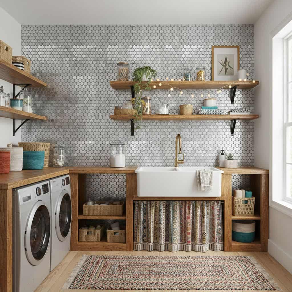 Bright laundry room with white and gray hexagon tiles, wooden shelves, and a farmhouse sink.