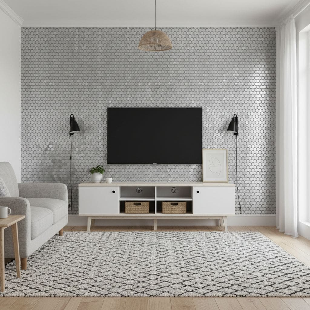 Hexagon tile wall with a matte finish in light gray color, creating a modern and textured backdrop.