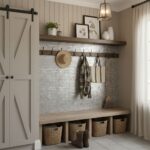 Bright, textured hexagon tile with wooden accents and neutral tones.