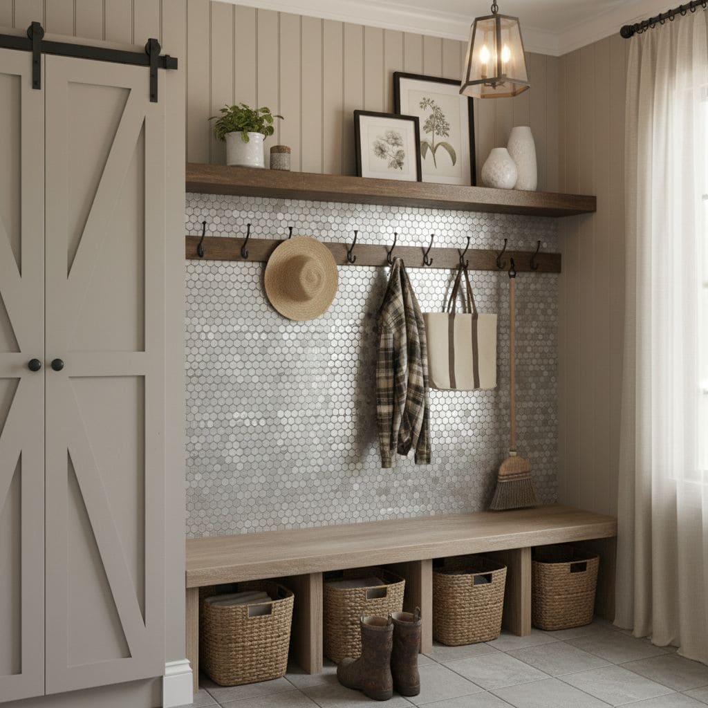 Bright, textured hexagon tile with wooden accents and neutral tones.