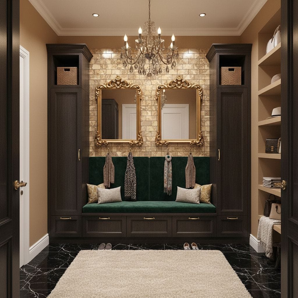 A luxurious entryway with dark wood cabinetry, gold-framed mirrors, and a plush green velvet bench. Features a brick wall, ch.