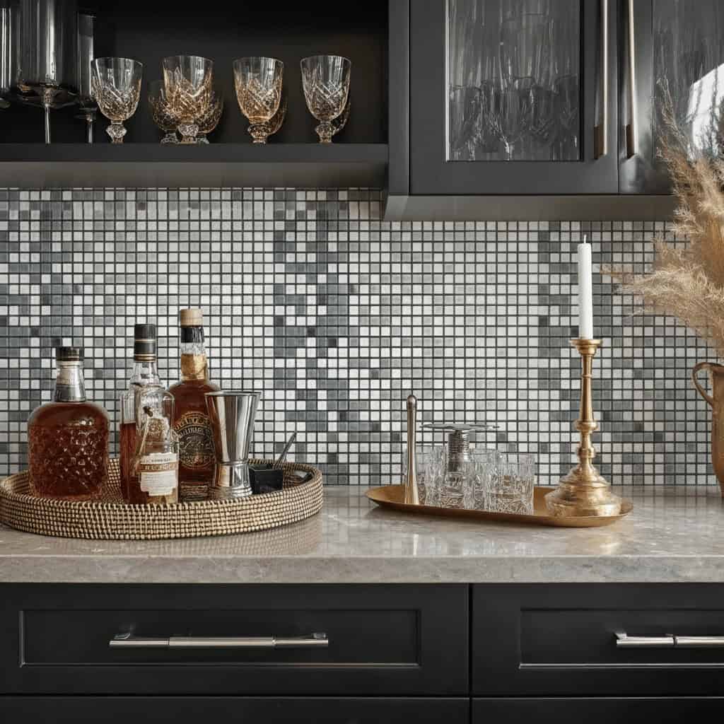 Gray and white mosaic tile backsplash with textured surface and small square pattern.