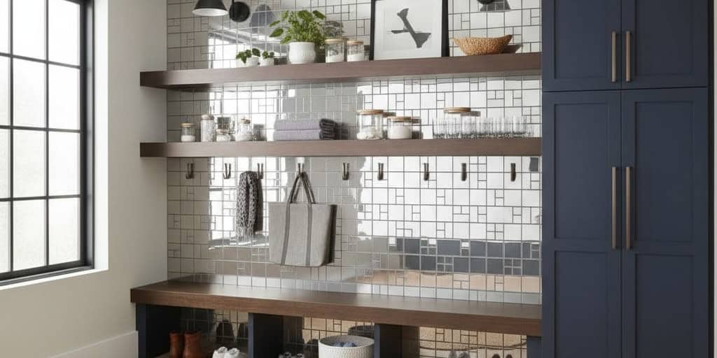 White subway tile backsplash with glossy finish and dark grout lines, creating a clean and classic look.