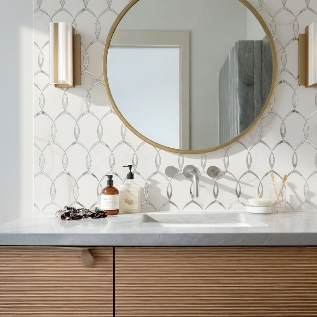 Gray marble textured tile with subtle veining, glossy finish, and geometric pattern.