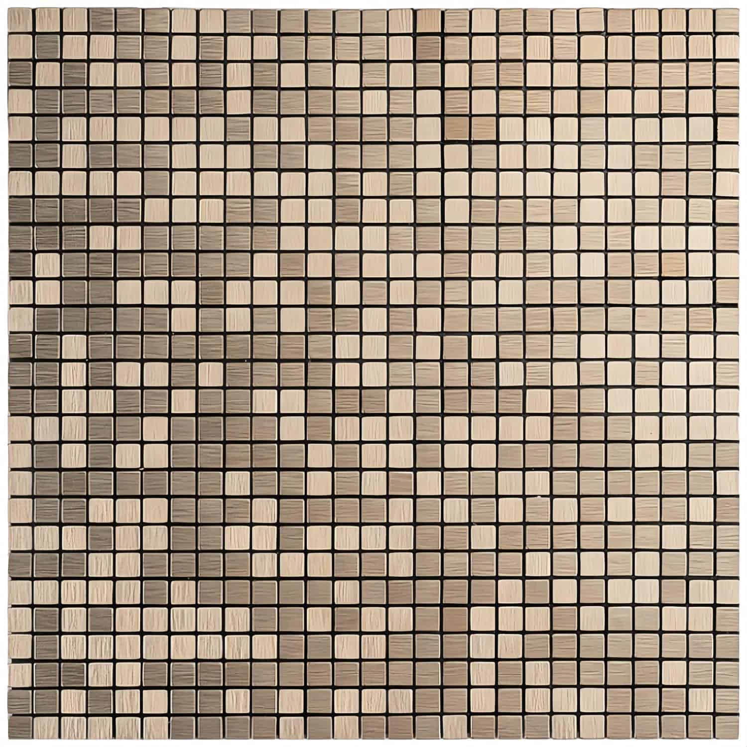 Beige and brown wood mosaic tile with a textured surface and small square pattern.