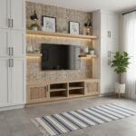 Beige mosaic tile with a textured surface, complemented by white cabinetry and a wooden TV stand.