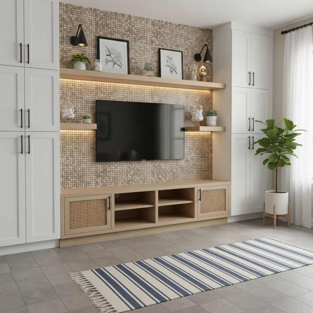Beige mosaic tile with a textured surface, complemented by white cabinetry and a wooden TV stand.