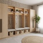 A stylish wooden closet with open cubbies, hanging hooks, and woven baskets, complemented by a potted plant and natural light.