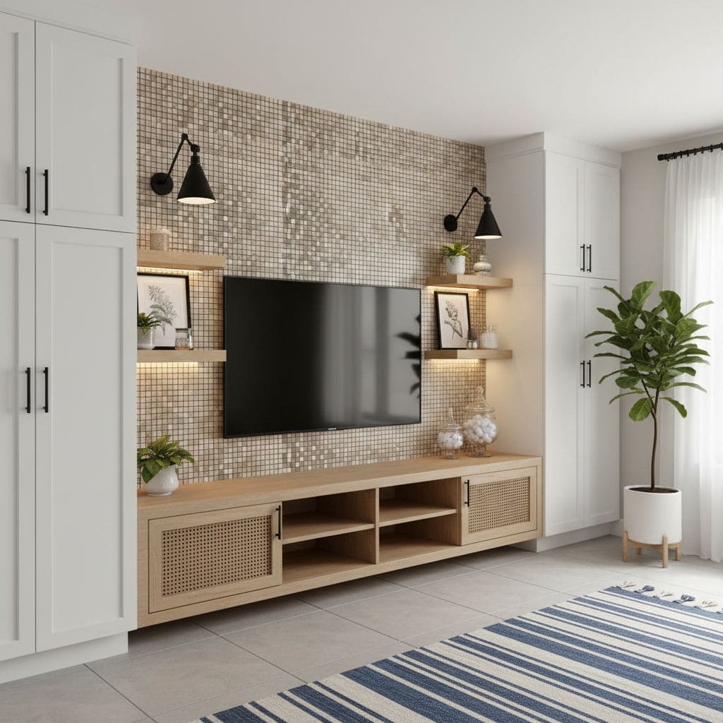 Modern living room featuring a mosaic tile wall with beige and brown tones, complemented by white cabinetry and a wooden TV c.