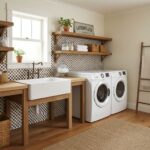 Bright laundry room featuring checkered tile backsplash, wooden countertop, and white washing machine and dryer.