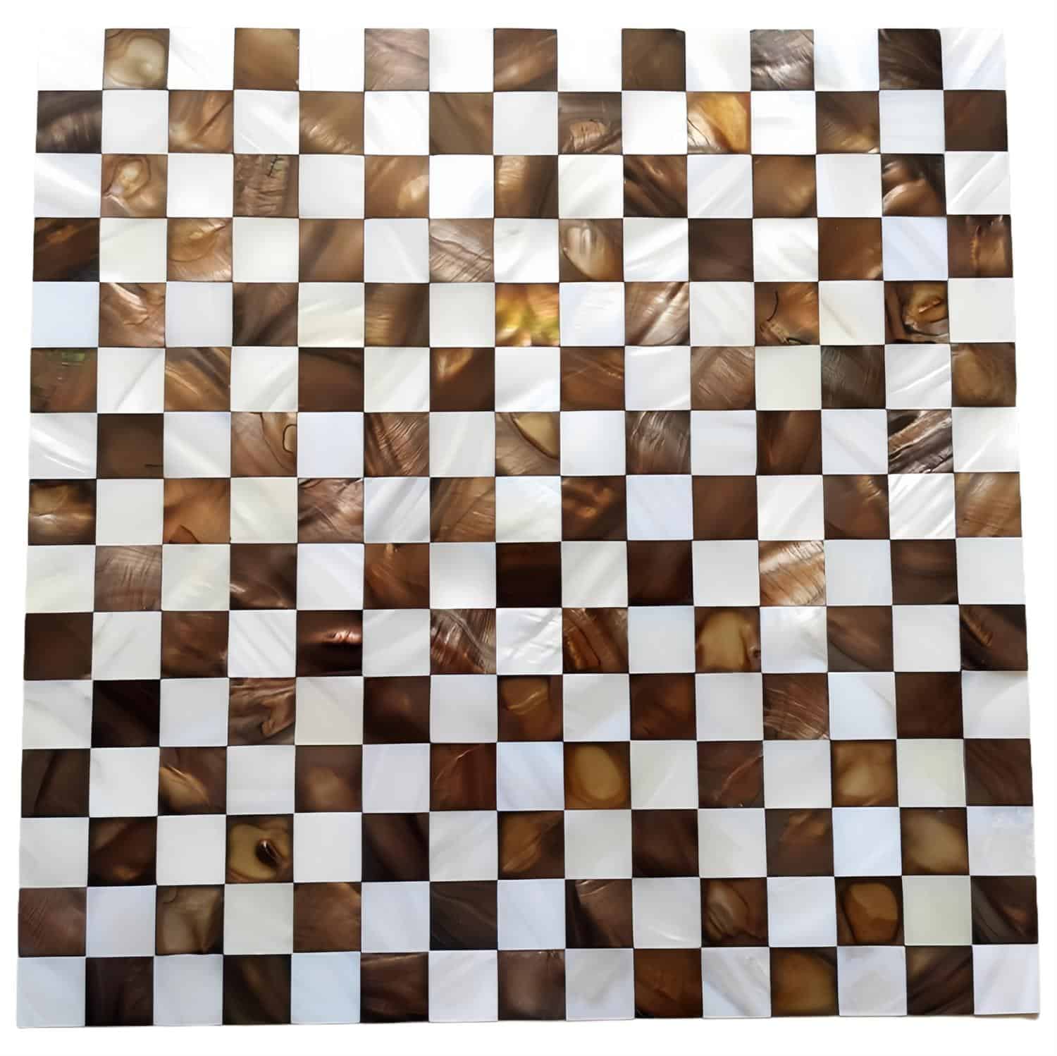 Brown and white checkered tile mosaic with a glossy finish.