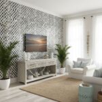 Bright living room with patterned tile accent wall.