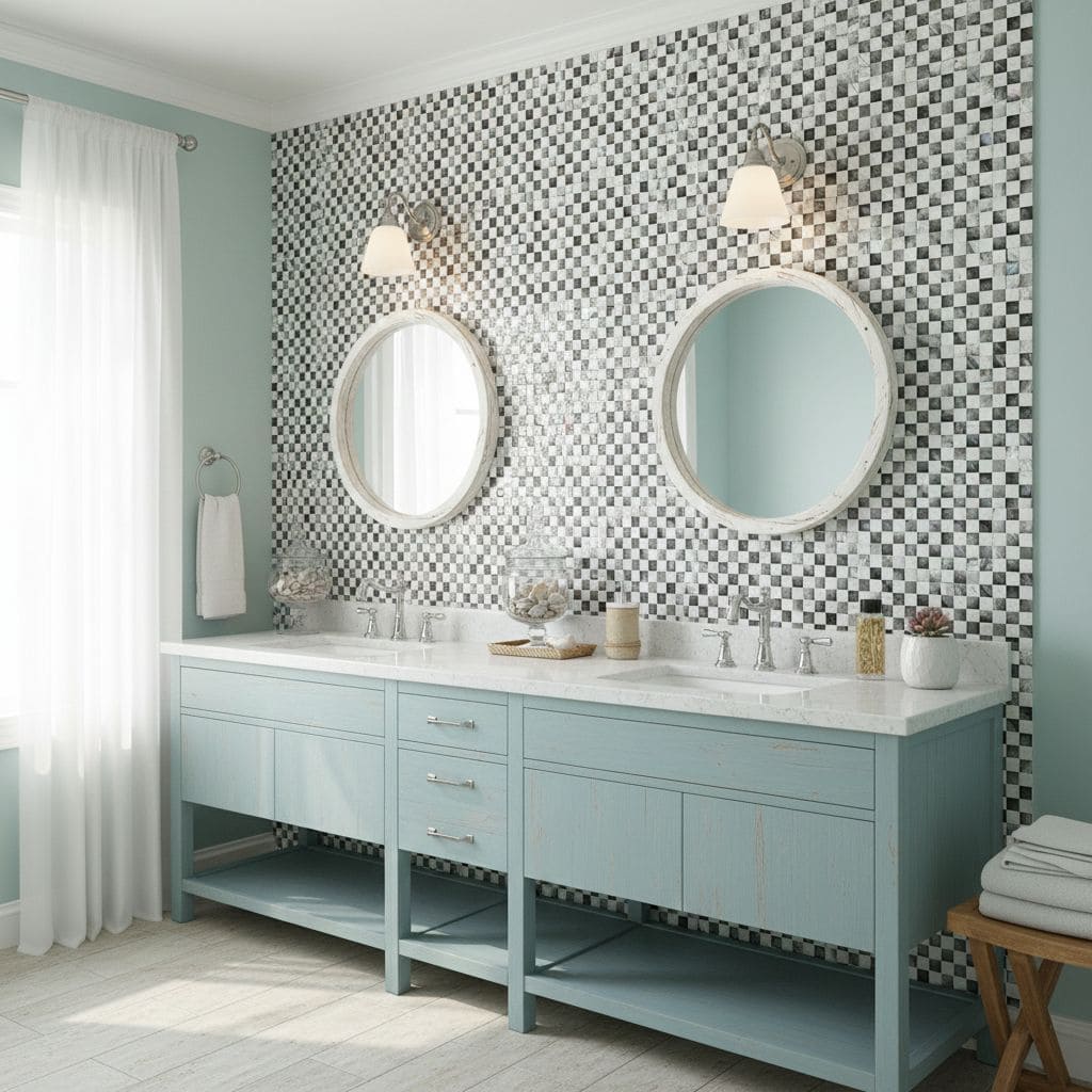 Mosaic tile wall with black, white, and gray small square tiles.