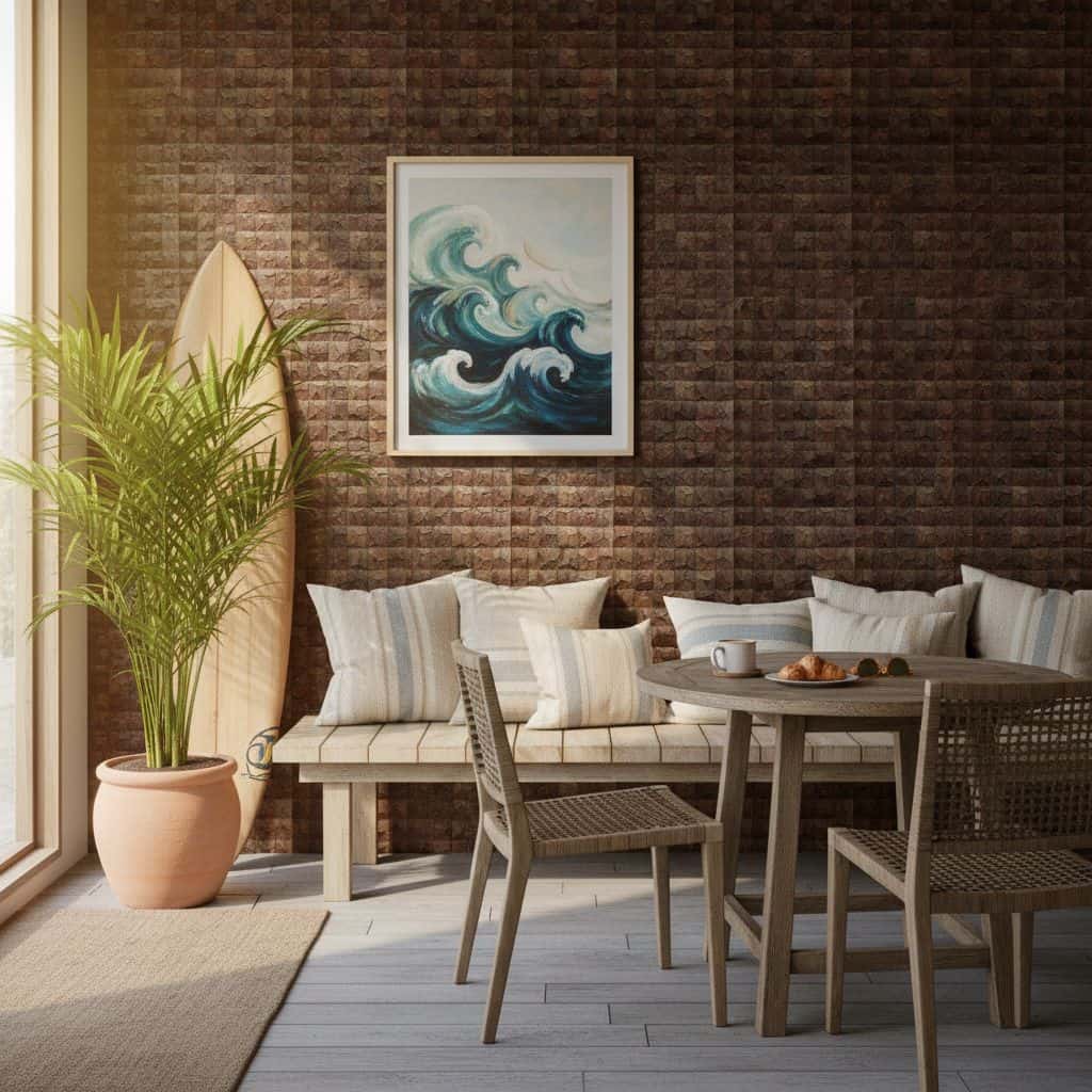 Brown textured wall tile with a wave pattern.