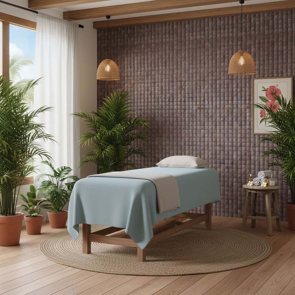 Relaxing spa room with textured brown wall tiles, soft lighting, and lush green plants creating a calming atmosphere.