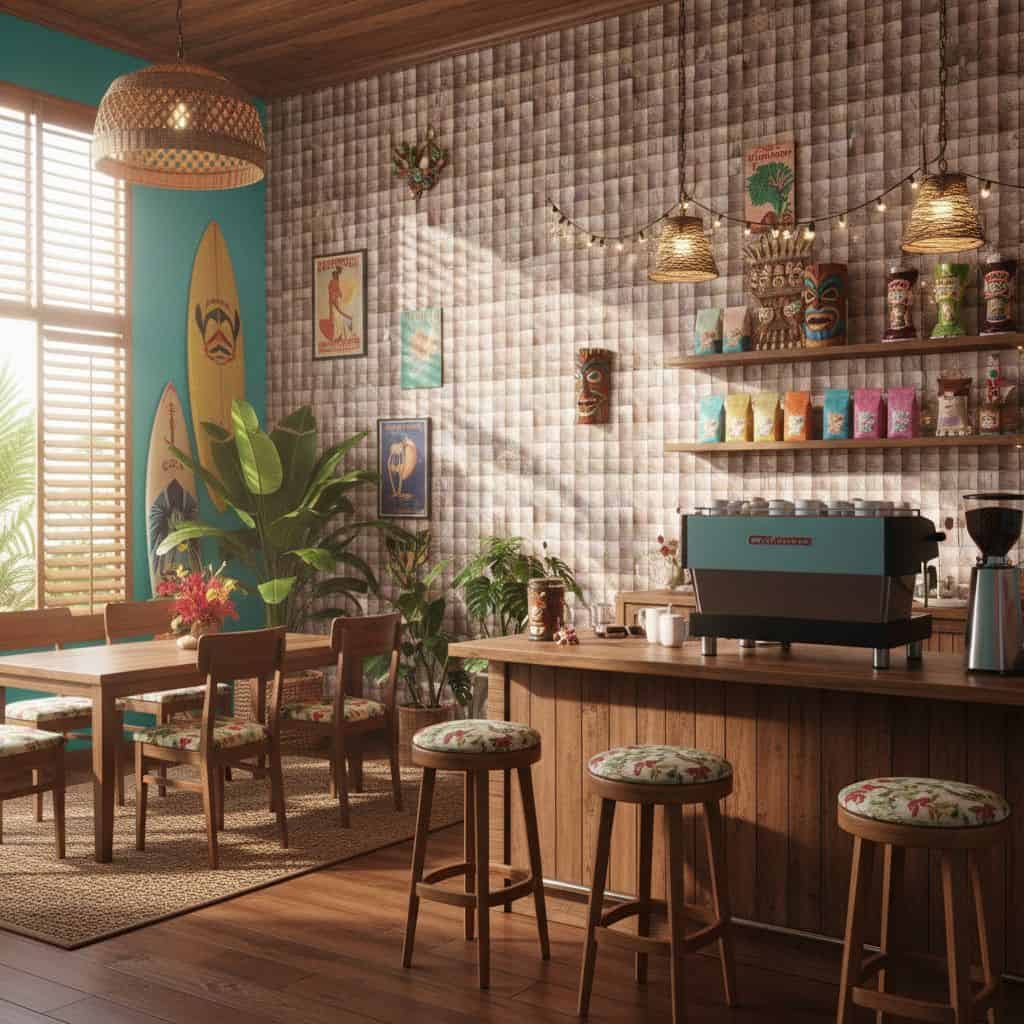 Colorful surfboard wall art with tropical accents.