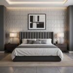 Gray textured wall tile with a geometric pattern behind the bed, creating a contemporary and stylish bedroom accent.