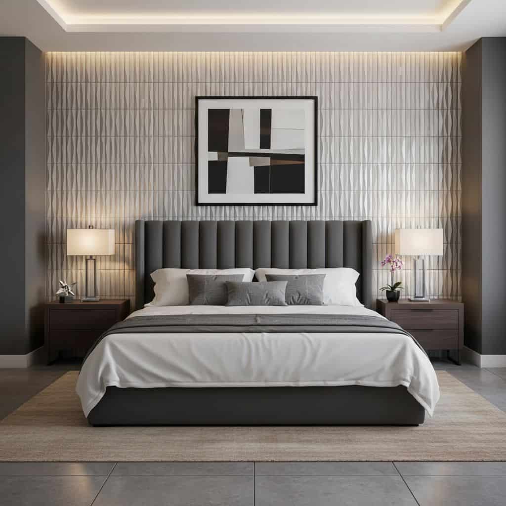 Gray textured wall tile with a geometric pattern behind the bed, creating a contemporary and stylish bedroom accent.