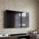 Neutral mosaic tile wall with textured, small square tiles in beige and taupe shades, creating a contemporary and stylish bac.
