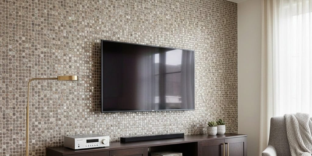 Neutral mosaic tile wall with textured, small square tiles in beige and taupe shades, creating a contemporary and stylish bac.