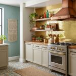 Gold brick tile backsplash with textured surface.
