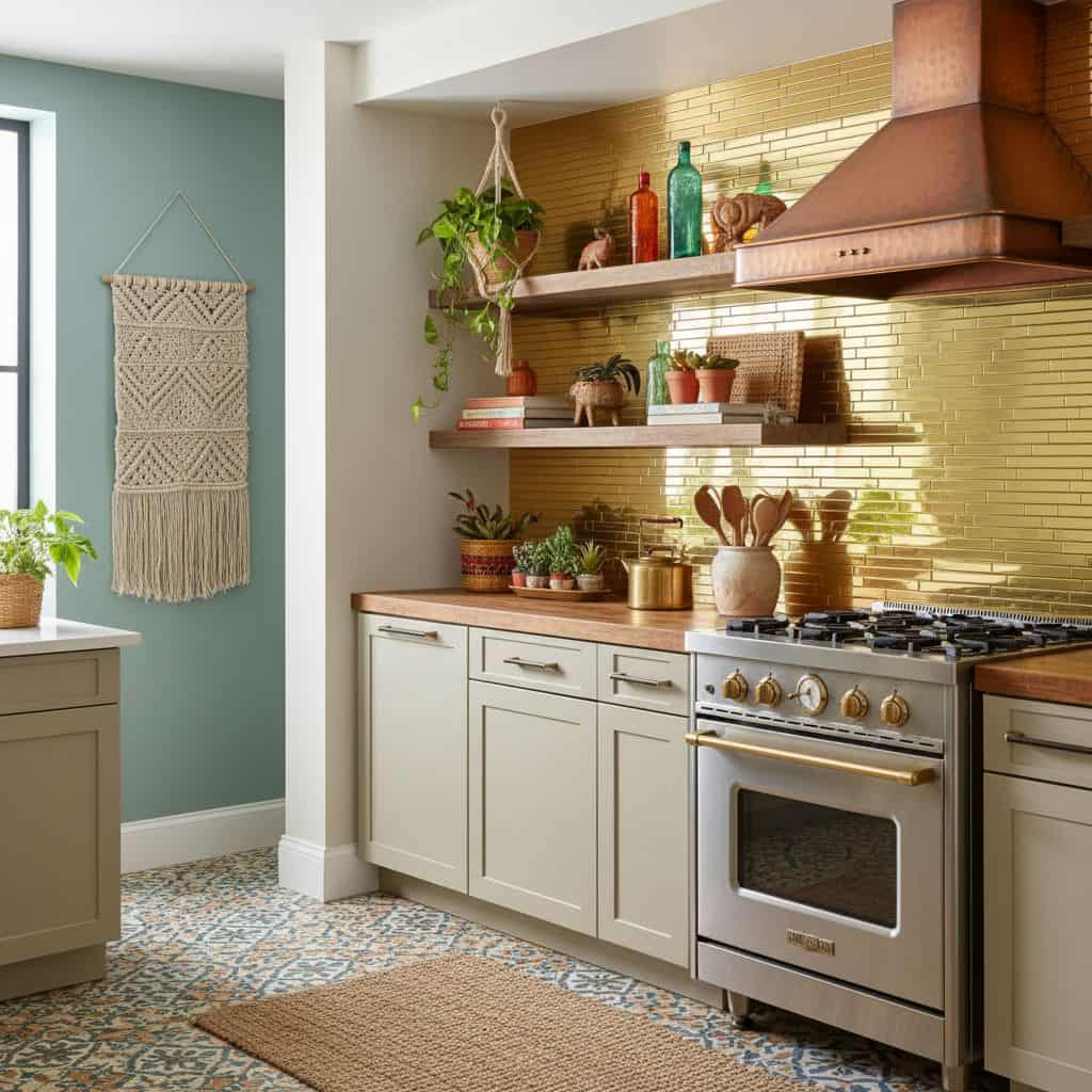 Gold brick tile backsplash with textured surface.