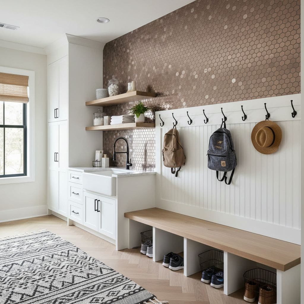 Hexagon wall tiles in neutral tones with a textured surface, creating a contemporary and stylish entryway accent wall.