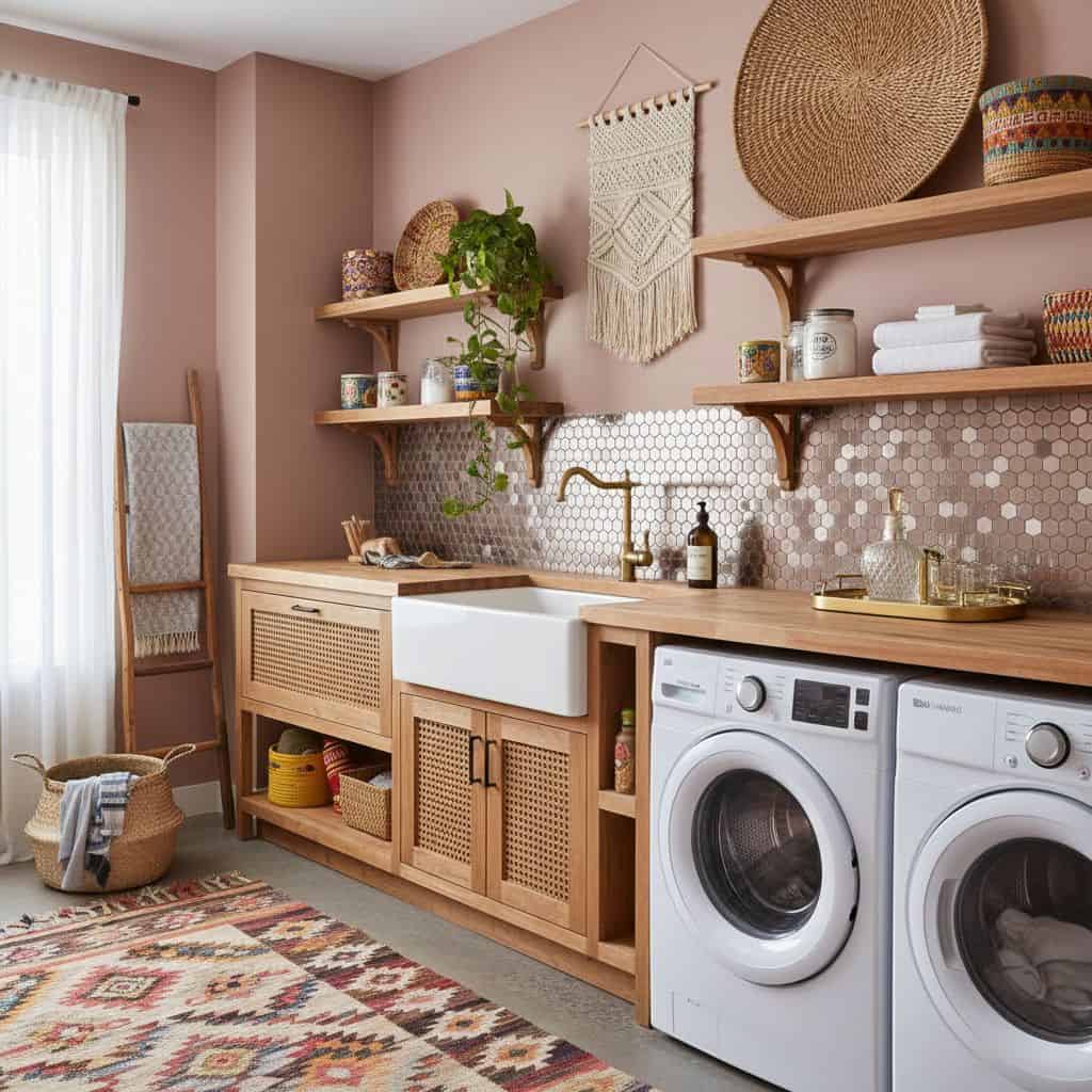 A cozy laundry room featuring soft pink walls, woven baskets, and a white hex tile backsplash with a rustic wooden countertop.