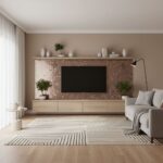 Modern living room with beige and pink mosaic tile wall behind a flat-screen TV, complemented by neutral furniture and decora.