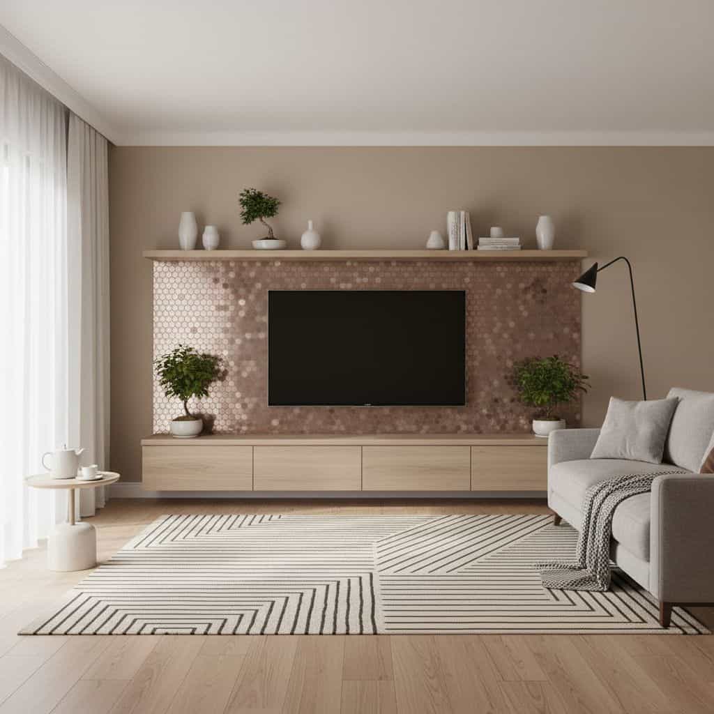 Modern living room with beige and pink mosaic tile wall behind a flat-screen TV, complemented by neutral furniture and decora.