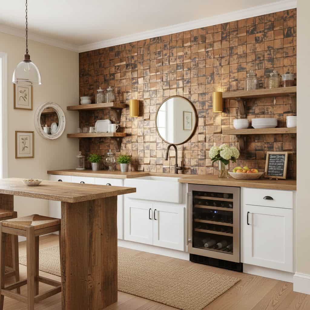 Stone tile backsplash with warm earthy tones and textured surface in kitchen.