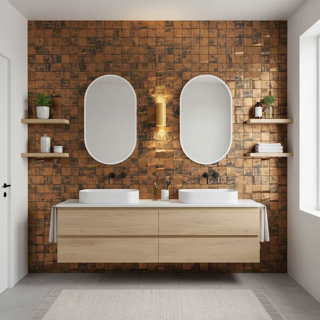 Brown textured tile wall with two oval mirrors and wooden shelves.