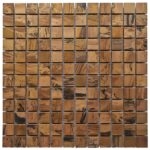 Brown wood mosaic tile with black veining and textured surface.