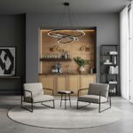 Beige ceramic tile with a smooth texture, complemented by wood paneling and modern LED pendant lighting.