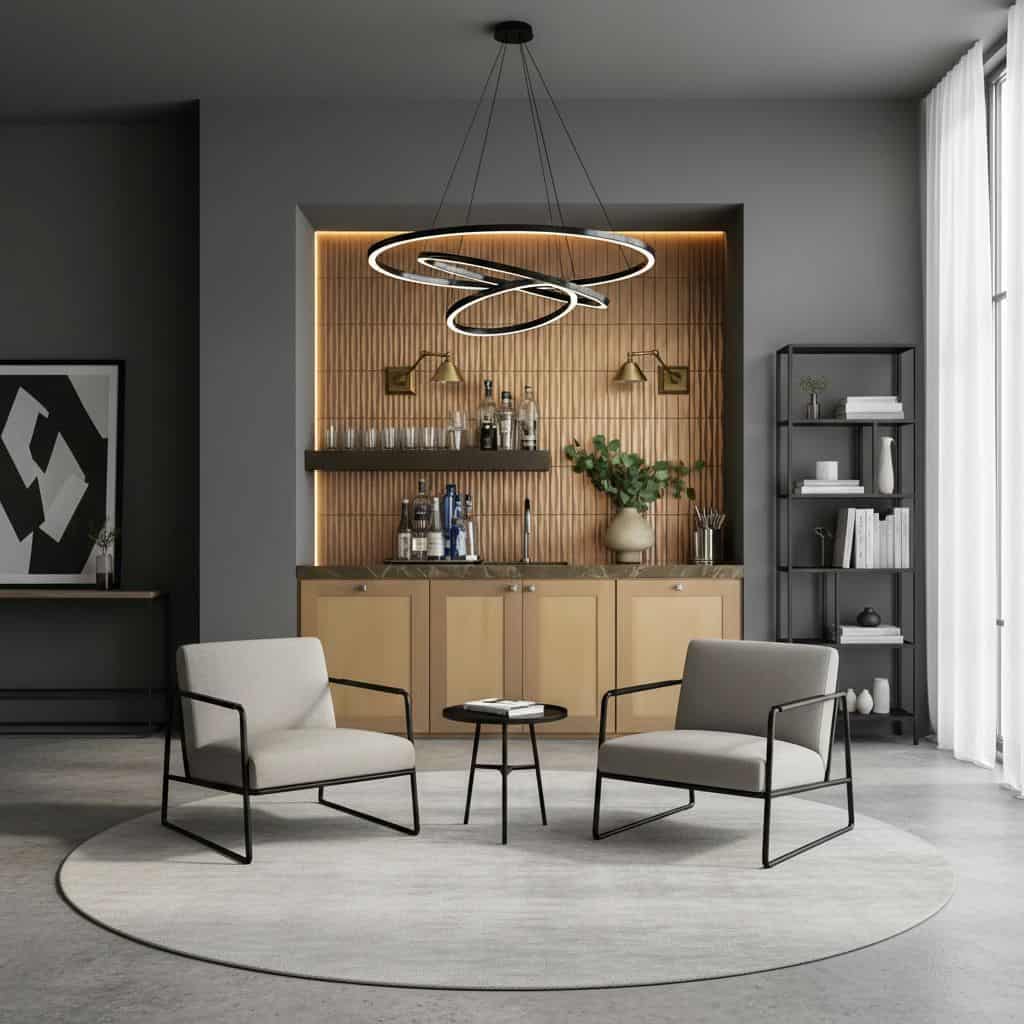 Beige ceramic tile with a smooth texture, complemented by wood paneling and modern LED pendant lighting.