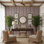 Pink textured wall tile with a soft, fabric-like appearance, perfect for stylish home office decor, complemented by greenery.