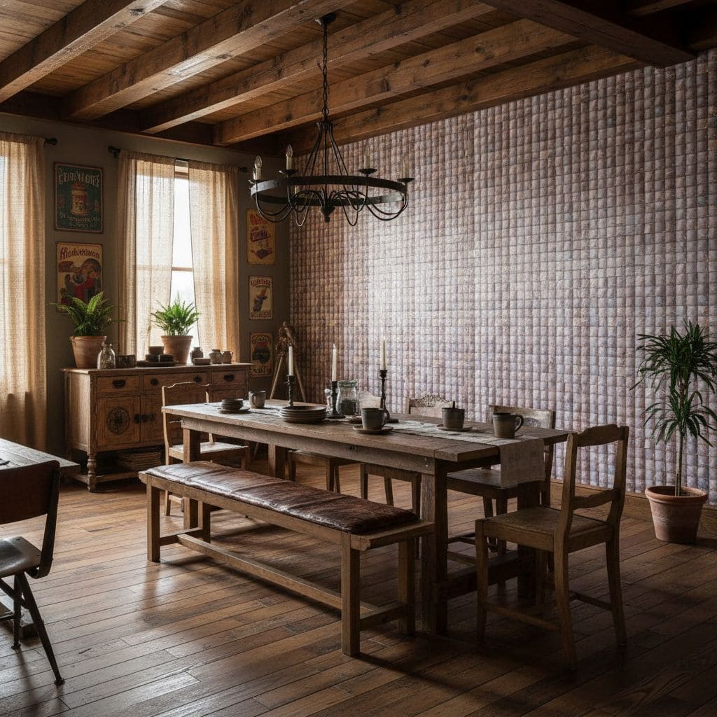 A cozy dining room featuring a wooden table, chairs, and a textured wallpaper wall, illuminated by natural light and a vintag.