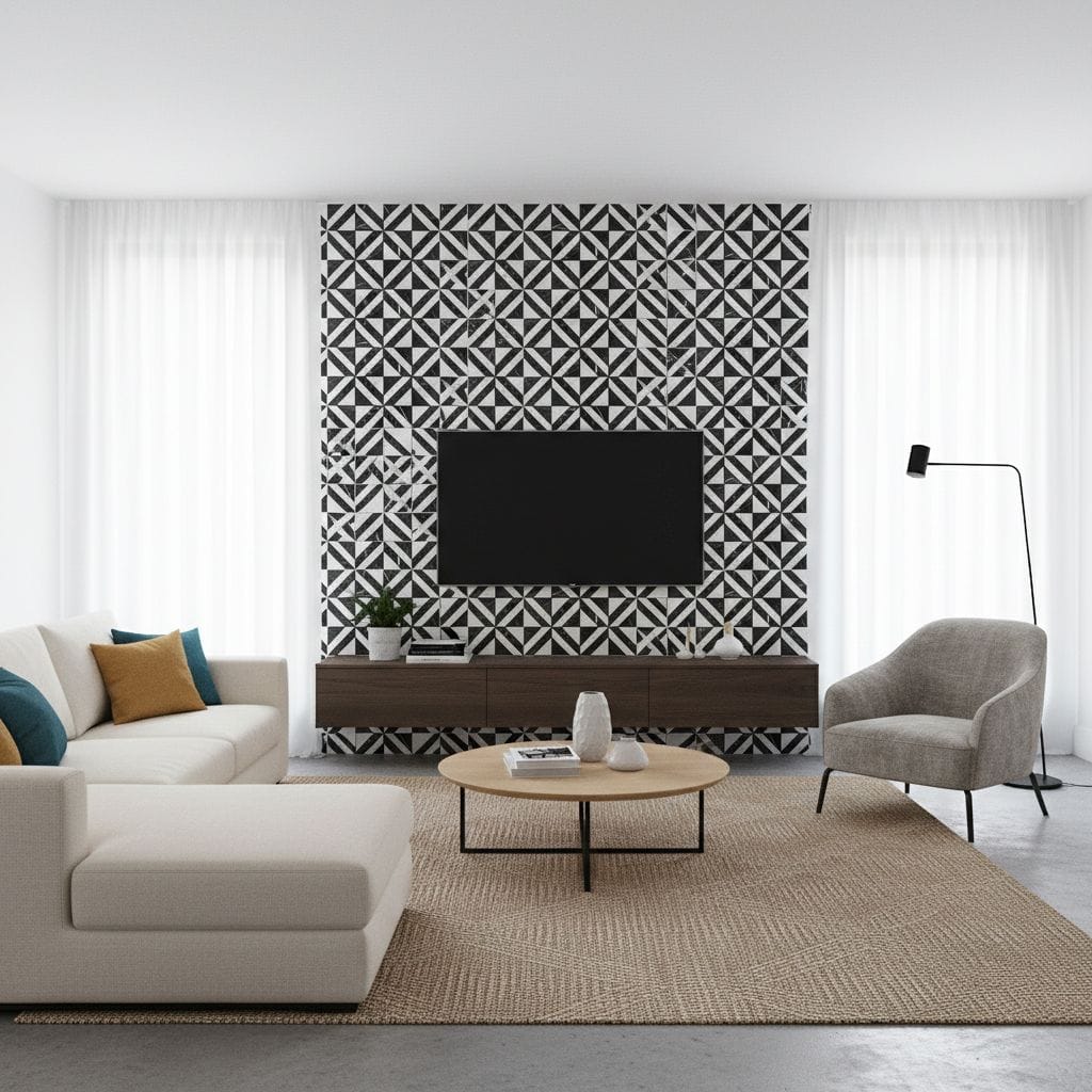 Bright, geometric black and white tile wall with textured finish.