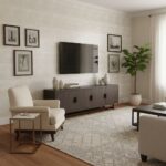 Aesthetic neutral-toned living room with textured wall, framed artwork, and contemporary furniture.