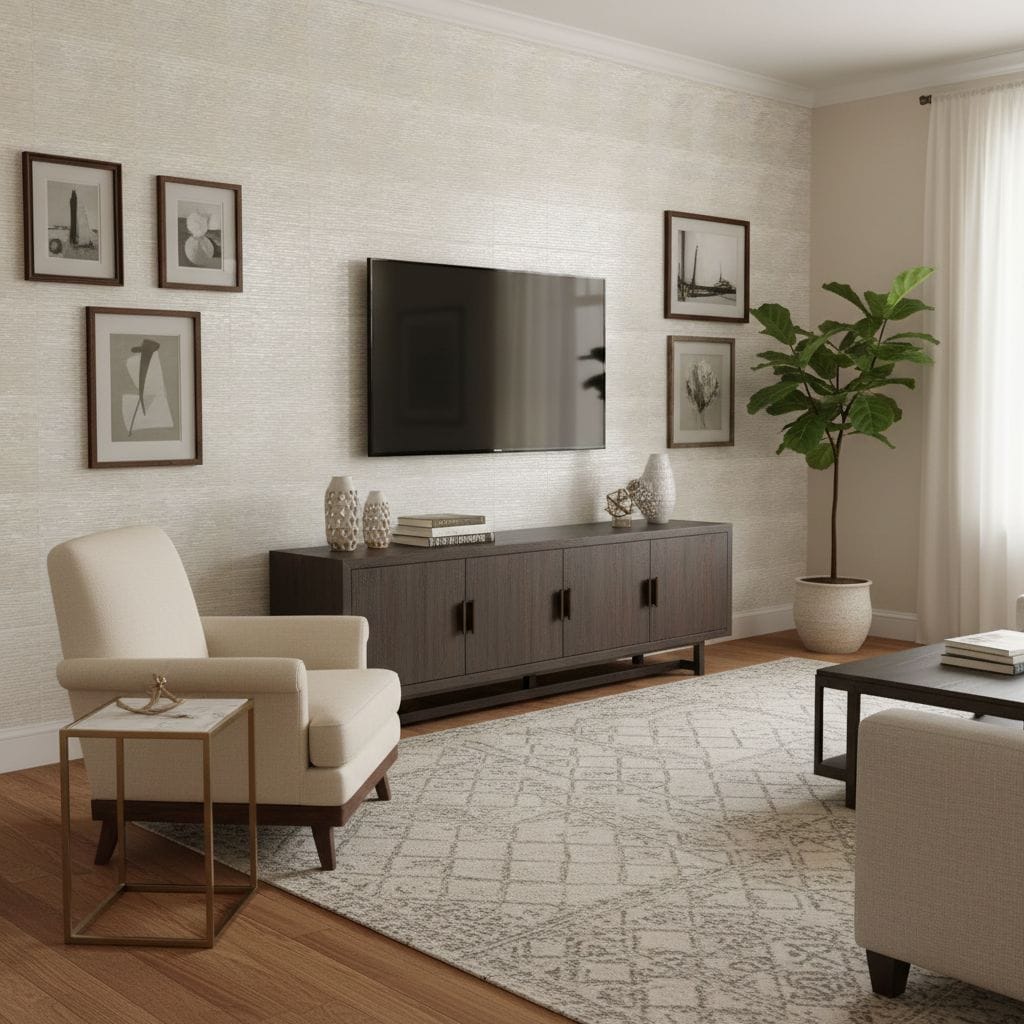 Aesthetic neutral-toned living room with textured wall, framed artwork, and contemporary furniture.