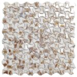 Shell mosaic tile with a mix of white, beige, and light brown hues, featuring a textured, glossy surface.