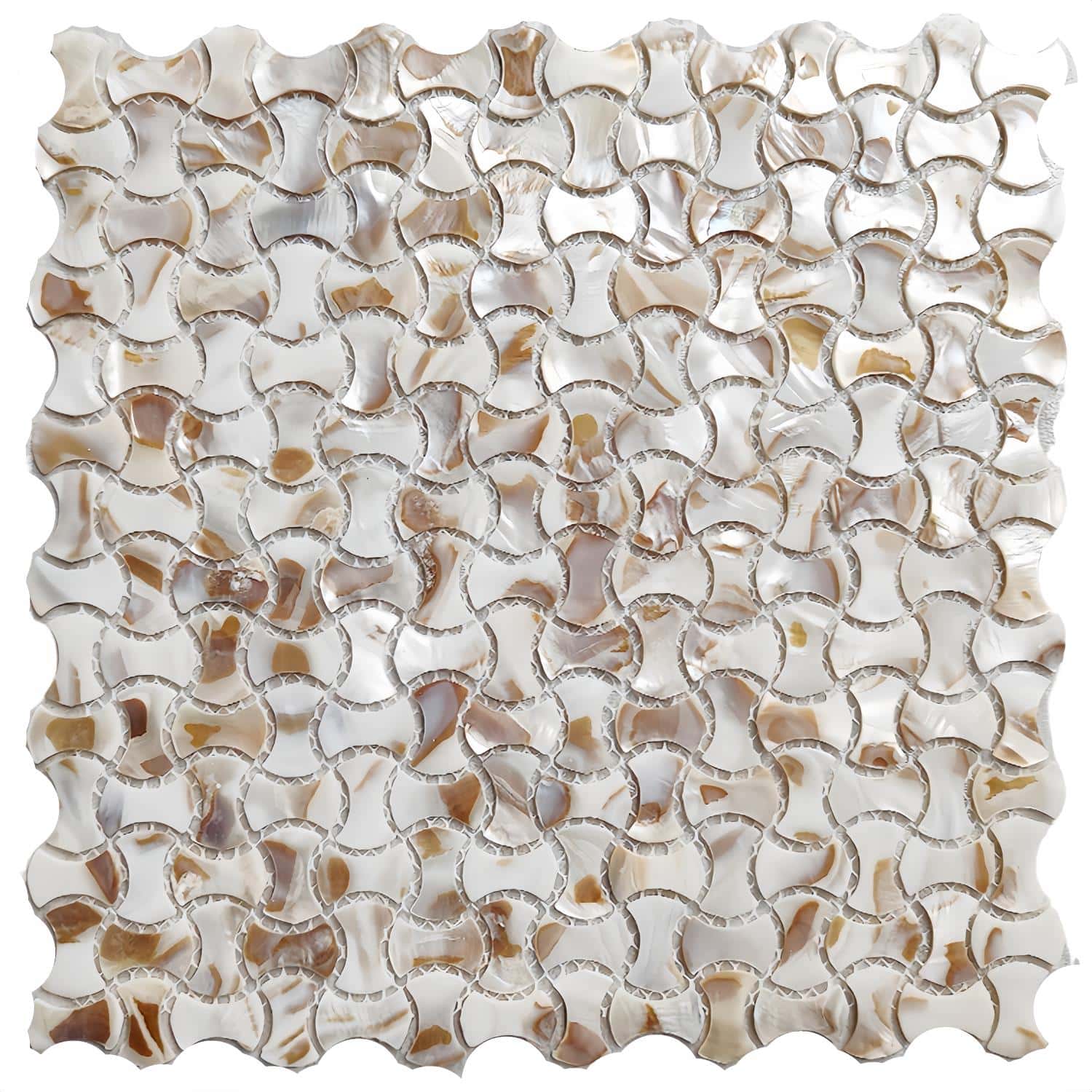 Shell mosaic tile with a mix of white, beige, and light brown hues, featuring a textured, glossy surface.