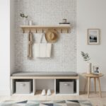 Neutral patterned wall tile in beige and white, with a textured surface, used as a decorative accent wall in a modern entrywa.
