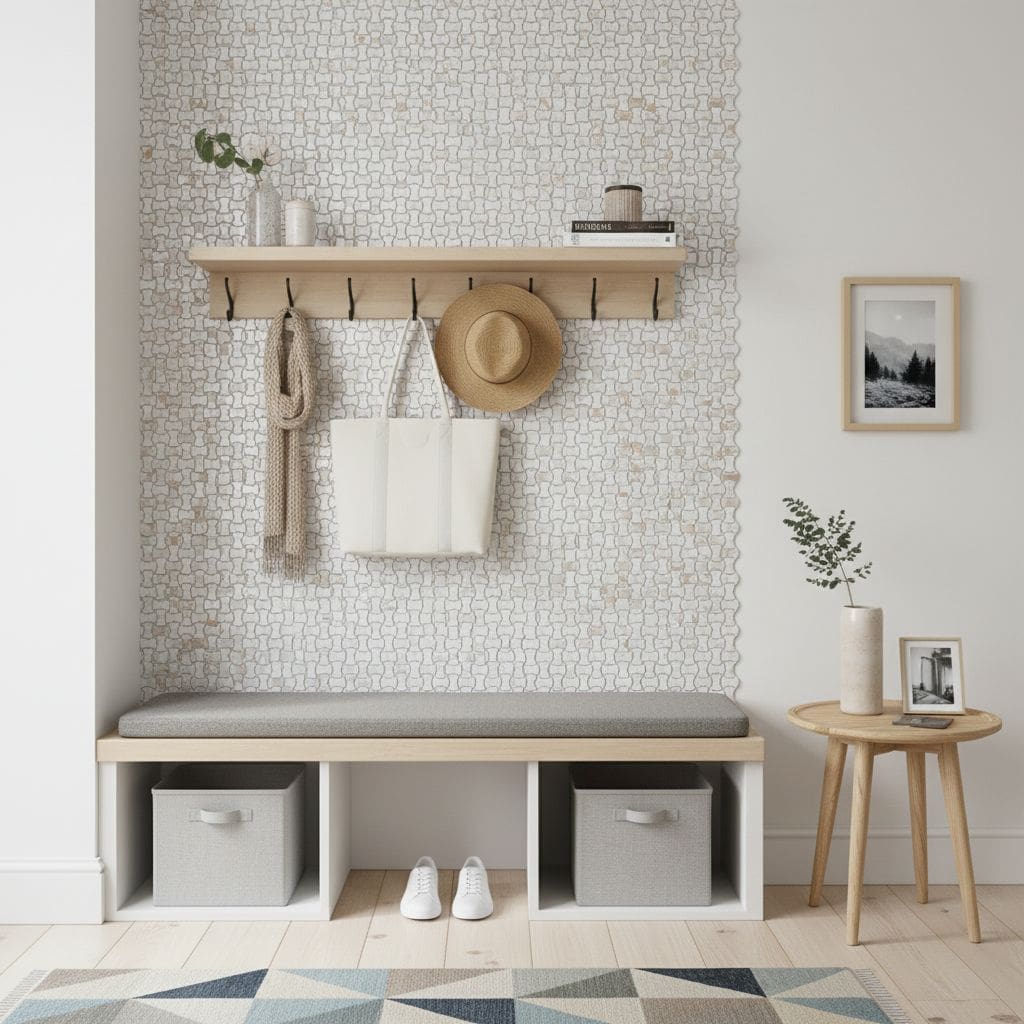 Neutral patterned wall tile in beige and white, with a textured surface, used as a decorative accent wall in a modern entrywa.