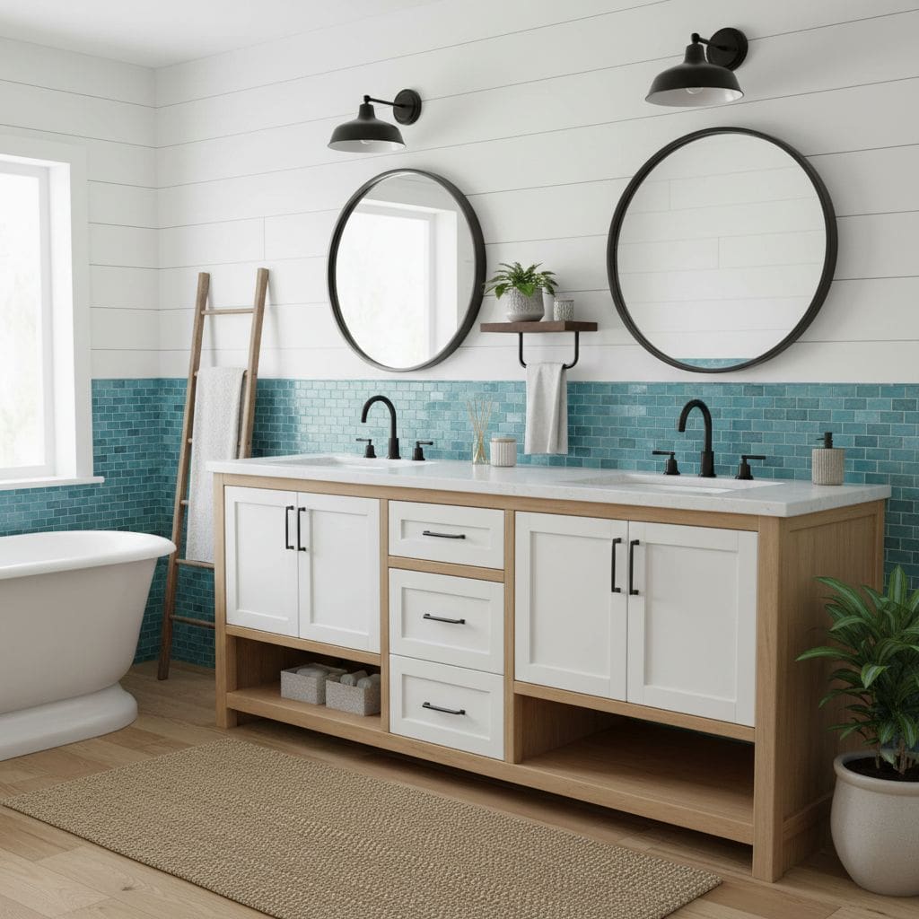 Double round mirrors and black wall sconces add modern style.