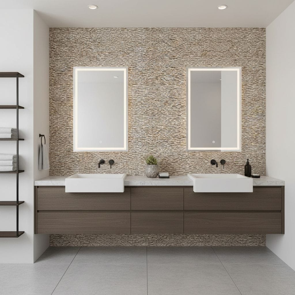 A bathroom with beige stone tiles on the wall, featuring two white sinks, black fixtures, and a floating brown vanity.