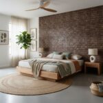 A cozy bedroom featuring a brown brick textured wall tile behind the bed. The room has a modern, minimalist design with neutr.