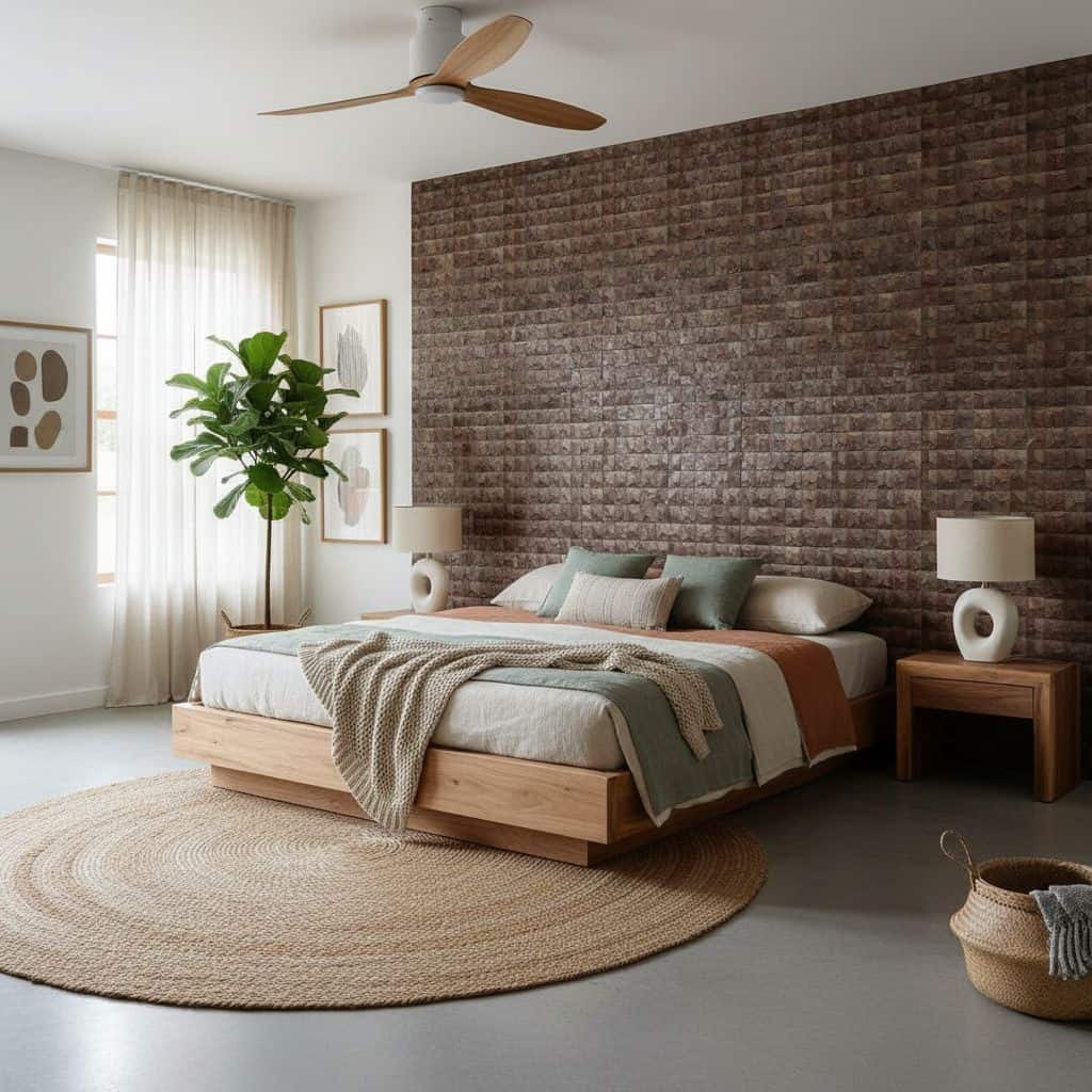 A cozy bedroom featuring a brown brick textured wall tile behind the bed. The room has a modern, minimalist design with neutr.
