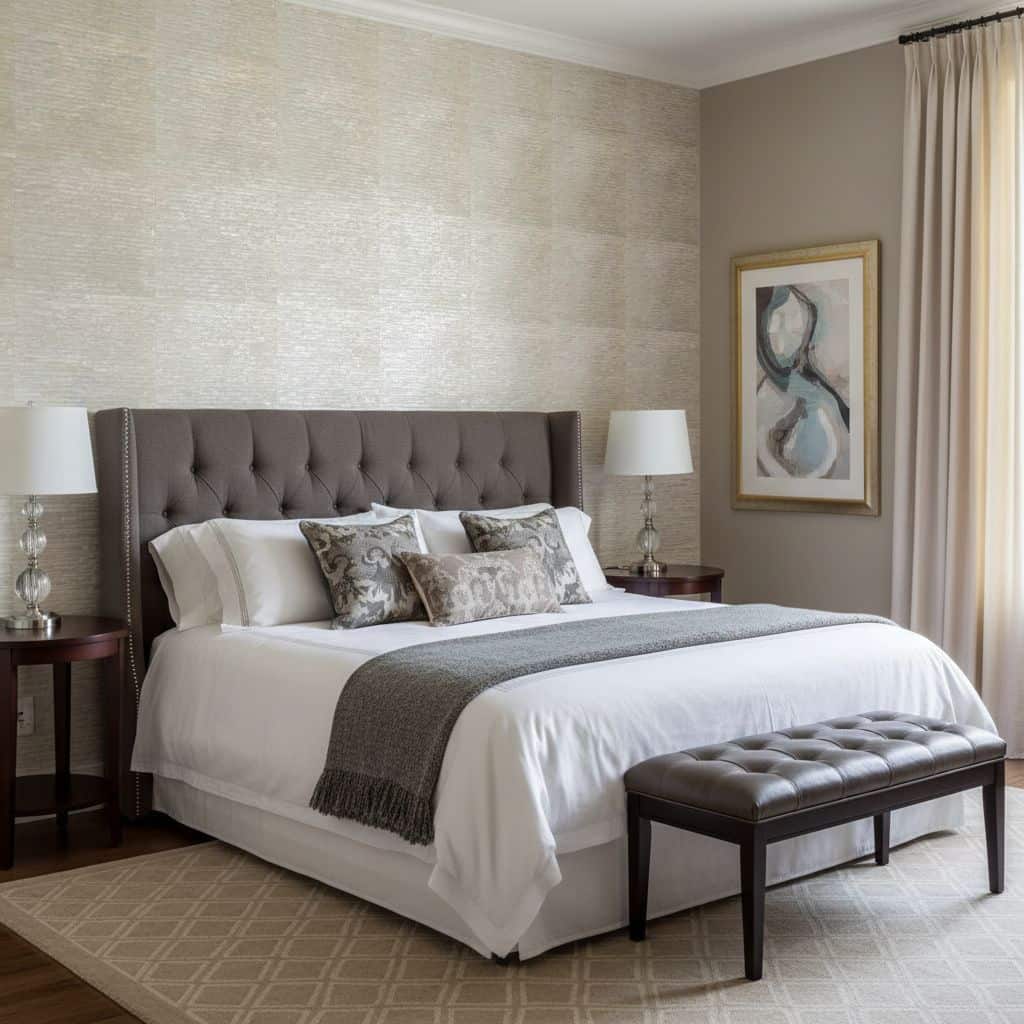 Neutral beige textured wall tile in a bedroom setting, creating a calm and sophisticated ambiance.